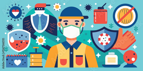 Health and safety protocols illustrated with a worker wearing a mask and surrounded by protective symbols in a colorful design