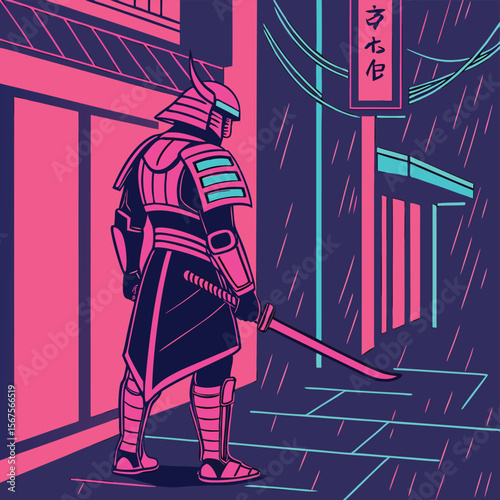 A samurai warrior standing in a neon lit city street with a katana during a rainy night scene