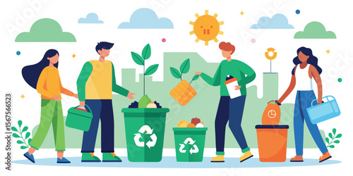 Community members participate in recycling and waste management activity in a sunny urban park