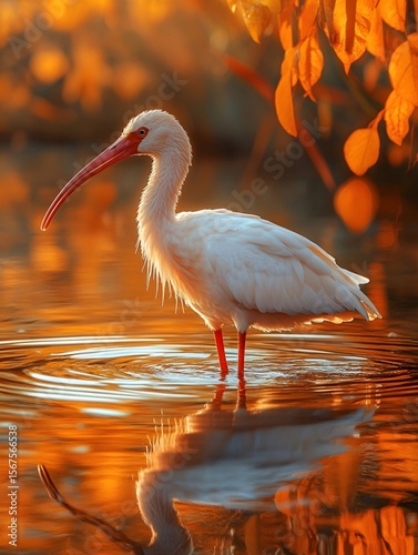 The crested ibis frolicking in the autumn scenery of the wetland