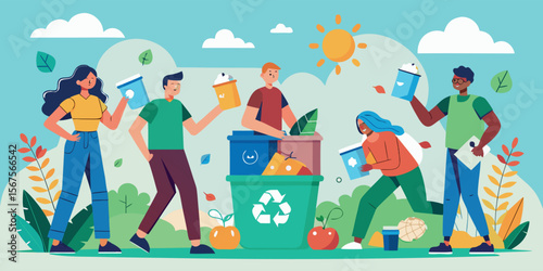 Community members actively participate in recycling initiative in a sunny park to promote environmental awareness