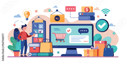 Online shopping experience with a user interacting with a digital shopping cart and various online store elements