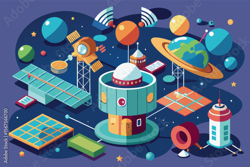 Creative illustration of a futuristic space station with planets and technology in a vibrant cosmic setting