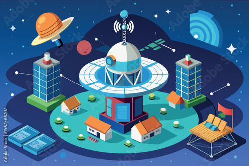 Innovative satellite communication hub with futuristic buildings and spacescape in a colorful digital design