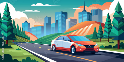 Bright car cruising along a winding road with city skyline and mountains in the background during a sunny day