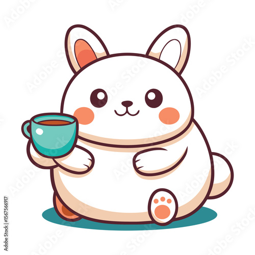 Chubby Bunny Holding a Cup of Tea
