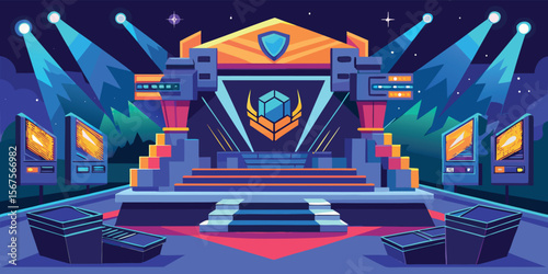 Colorful gaming stage with vibrant lights and modern design at night in a forest setting