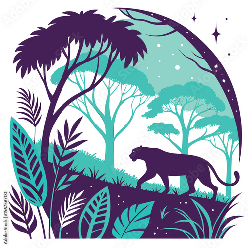 Illustration of a panther walking through a forest with trees and tropical plants at night time scene