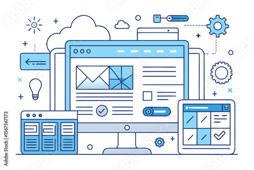 Digital design elements illustrating website development and user interface concepts with various tools and icons