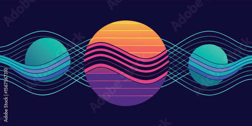 Abstract design featuring vibrant circles and wavy patterns on a dark background evoking a sense of motion and rhythm
