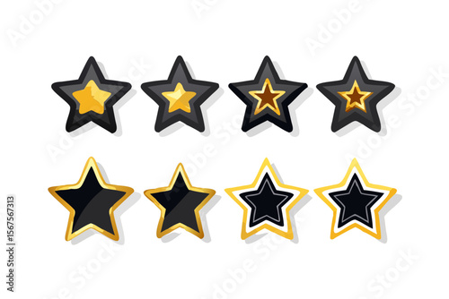 Set of glossy gold and black rating stars on a black background