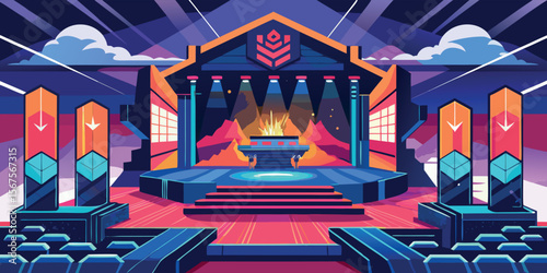 Colorful stage design with vibrant lighting and geometric shapes in a modern venue for a live event or concert