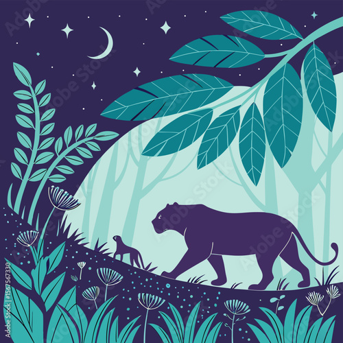 vector illustration of a lion in a jungle 