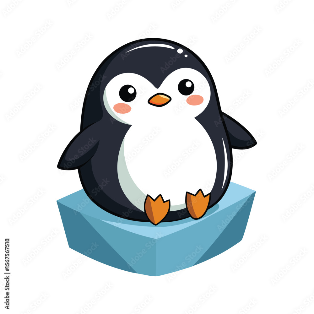Fototapeta premium Chubby Penguin Sitting on Ice Block Blushing