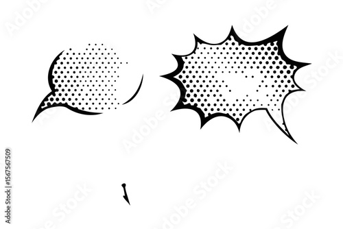 Explosive comic book speech bubble with halftone dots on a black background