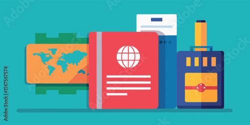 Travel essentials displayed together featuring a passport, currency, and travel documents against a vibrant background