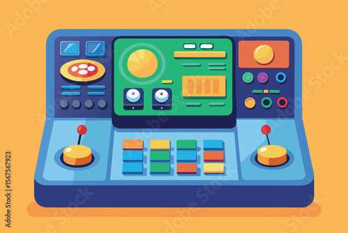 Control panel with buttons and joysticks designed for gaming or engineering use in bright colors and simple layout