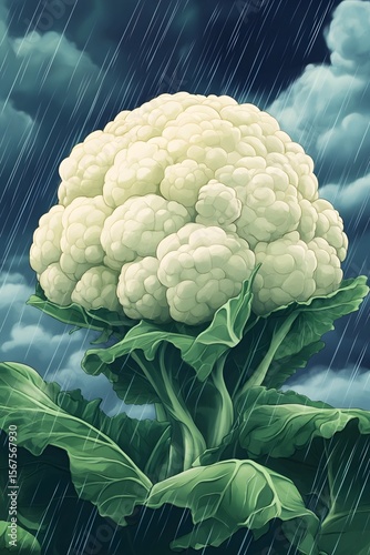 The white cauliflower in the vegetable garden moistened by the drizzle