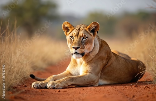 African lioness rests on dirt road in Tanzania savanna. Majestic big cat, endangered species, powerful predator in natural habitat. Wildlife photography feline beauty, raw of African wild.