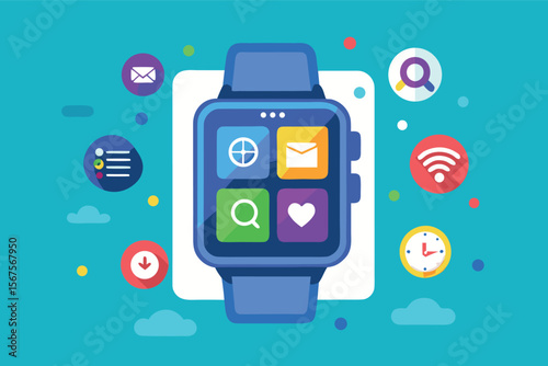 Smartwatch with app icons and colorful notifications on a blue background for technology enthusiasts
