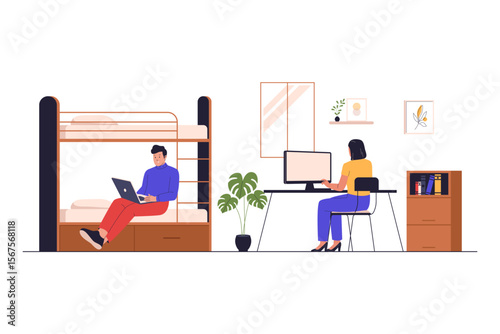 Flat Vector Illustration of Students Living and Studying in a Dorm Room. Illustrations for websites, landing pages, mobile apps, posters and banners