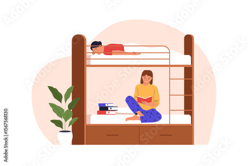 Flat Vector Illustration of Girls Living in a Dorm Room with Bunk Bed. Illustrations for websites, landing pages, mobile apps, posters and banners