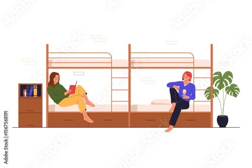 Flat Vector Illustration of Girls Relaxing in Shared Dorm Room with Bunk Beds. Illustrations for websites, landing pages, mobile apps, posters and banners