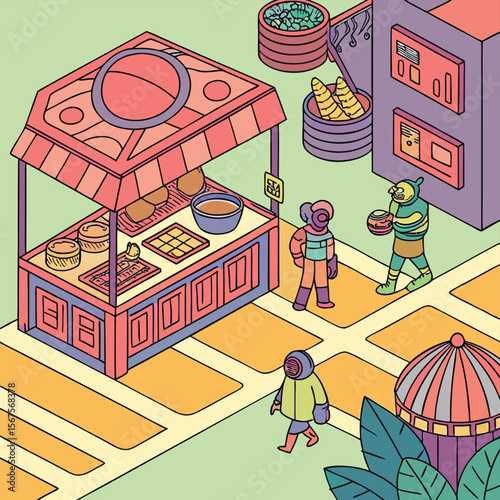Isometric view of a futuristic city market with food stall and people walking around the area