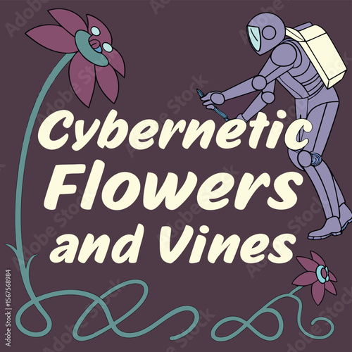 Illustration of a robot tending to cybernetic flowers and vines with a dark purple background color scheme