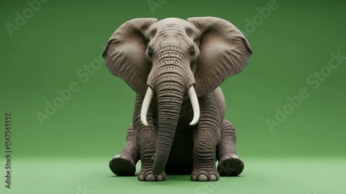 Majestic Elephant on Green: An impressive elephant, showcased against a verdant backdrop, embodies strength and grace, with its tusks and calm demeanor.