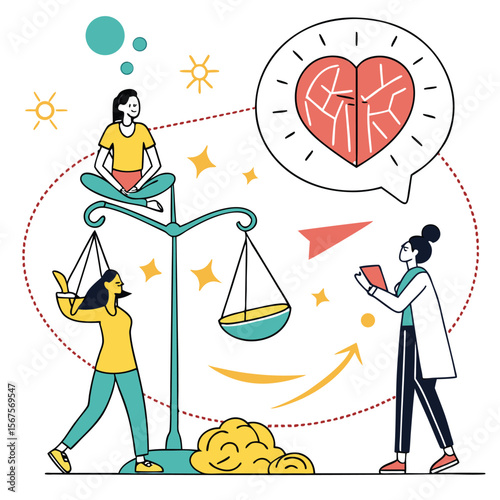 Illustration of emotional balance with scales, people, heart, and brain concept art design