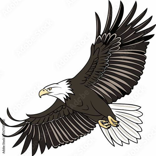 stunning black and white illustration of a soaring bald eagle with outstretched wings, photorealistic, high detail, intricate feathering, sharp beak, intense gaze, dramatic composition, digital art
