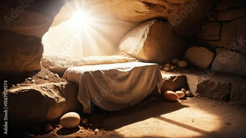 Easter Scene Depicting an Empty Tomb with a Radiant Light Shining Through it