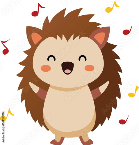 Cute Hedgehog Singing with Musical Notes Around