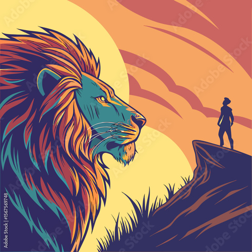 fantasy lion digital art, detailed portrait of a vibrant colorful lion against a dramatic sunset sky, silhouette of a person standing on a cliff, fantasy wildlife digital illustration, highly detailed