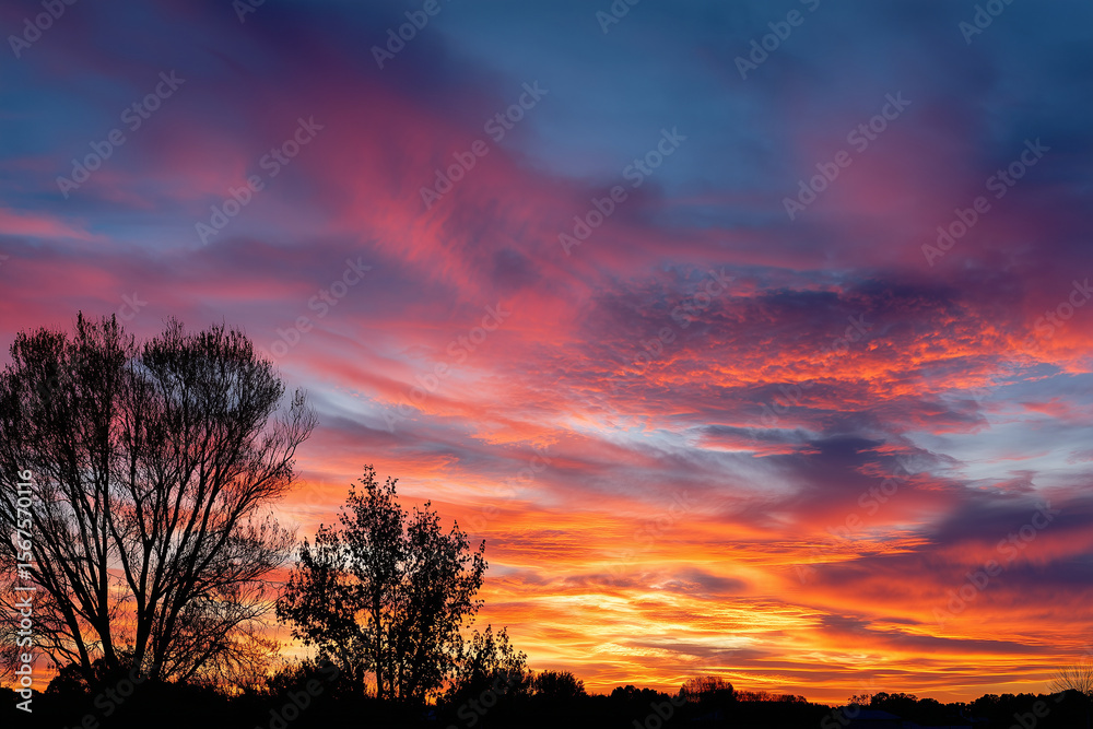 Fototapeta premium sunset sky with vibrant ombre layers from deep orange to soft lavender, serene atmosphere,