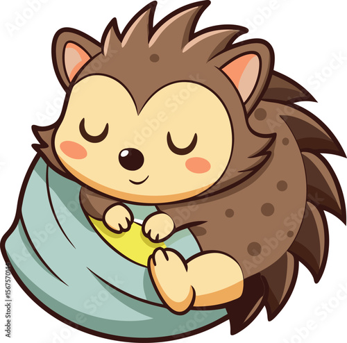 Cute Little Hedgehog Sleeping with Tiny Blanket