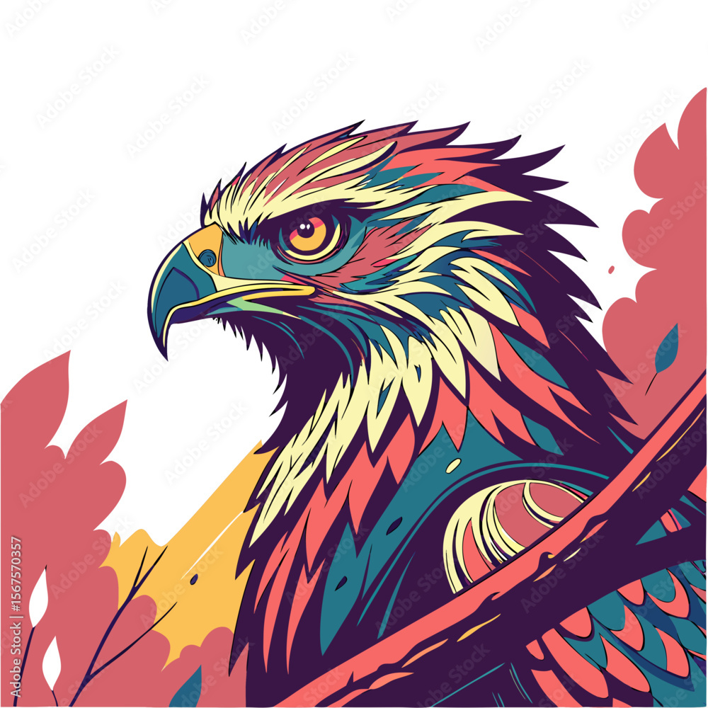 detailed portrait of a colorful eagle, vibrant and vivid colors, striking facial features, intricate feather patterns, beautiful digital art
