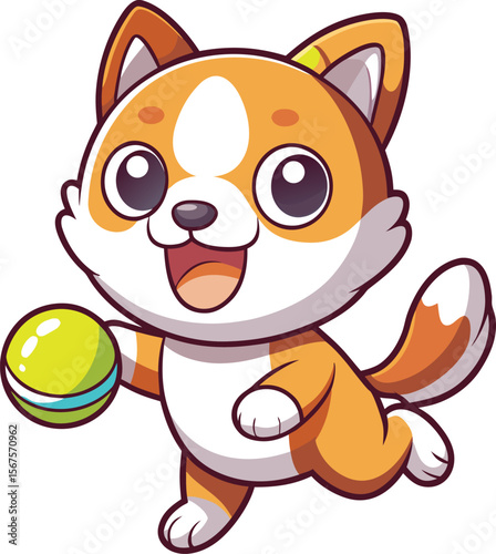 Cute Puppy Running with a Tennis Ball Kawaii Style