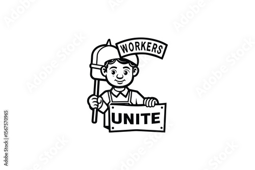 Cartoon Worker Holding a Unite Sign with Workers Banner in Black and White