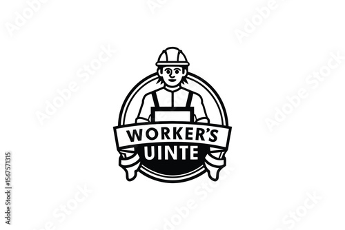 Illustration of a construction worker with banner that reads Workers Unite