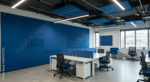 Modern office space with blue accents, featuring sleek desks, chairs, and acoustic panels on walls and ceiling