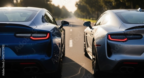 Dynamic rear view of blue and silver modern sports cars on a sunlit road