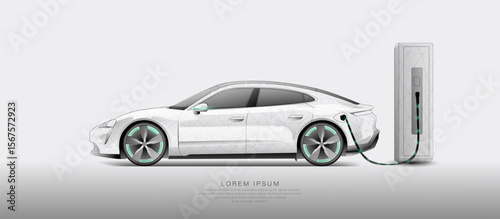 EV, an Electric car at a charging station. Eco power. EV charger. Low poly polygon wireframe