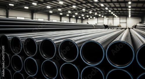Long series of large, glossy black plastic pipes neatly stacked in a warehouse.