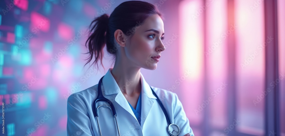 Obraz premium Medical pro with stethoscope. Futuristic tech background, glowing holograms, digital data streams. Represents healthcare innovation, AI in medicine, science, research, biotech advancements.
