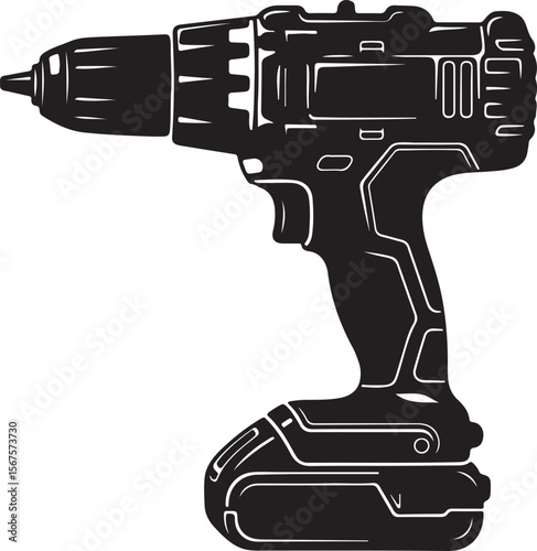 Vector illustration of a powerful electric drill, guitar, and industrial scientific tools