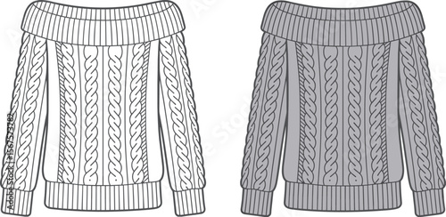 Stylish Off Shoulder Cable Knit Sweater Flat Lay for Fashion Catalogs, E commerce, and Winter Apparel Designs, Cozy and Trendy Knitwear Collection