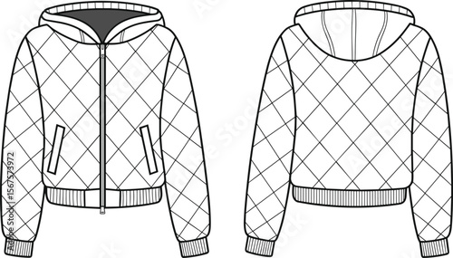  Quilted Hooded Bomber Jacket Flat Lay Vector Template for Outerwear Design, Casual Fashion, and Winter Apparel Collections, Front and Back
