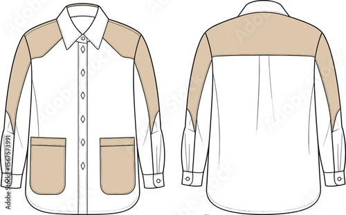 Fashion illustration of male and female mannequins wearing shirt sweater and white coat with various casual clothing elements and stylish apparel design